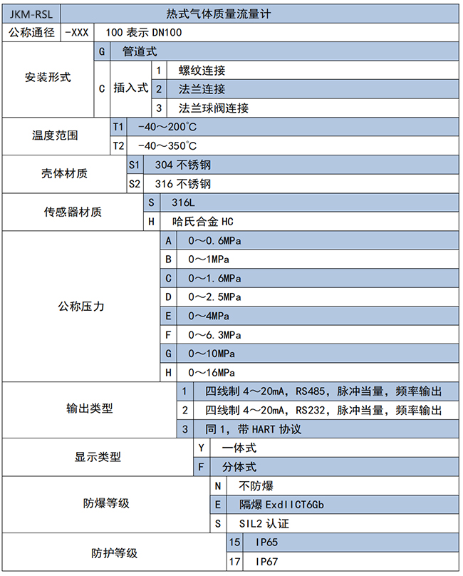 氫氣熱式氣體質量流量計選項表